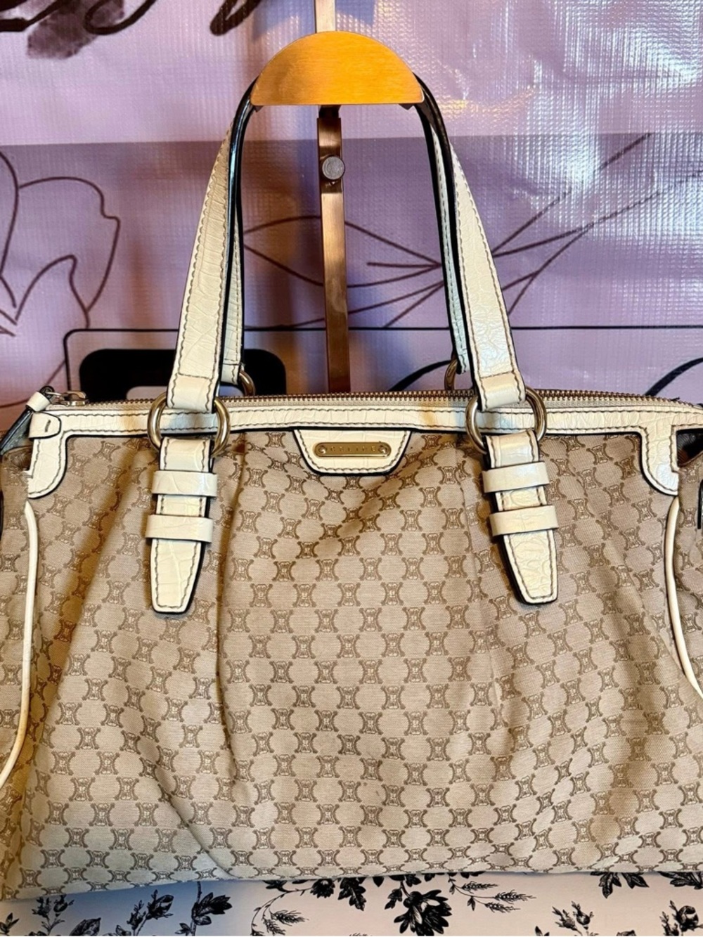 Celine Beige Monogram Tote with Metallic Cream Trim - Picture 4 of 5